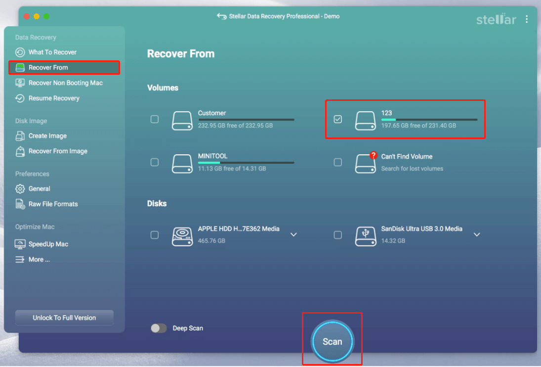 select the target volume to scan in Stellar Data Recovery for Mac