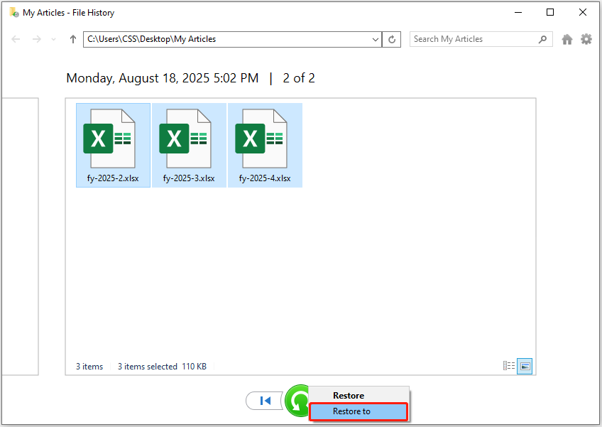 restore backup files to a different location using File History