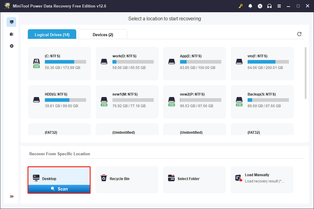 select the desktop to scan in MiniTool Power Data Recovery