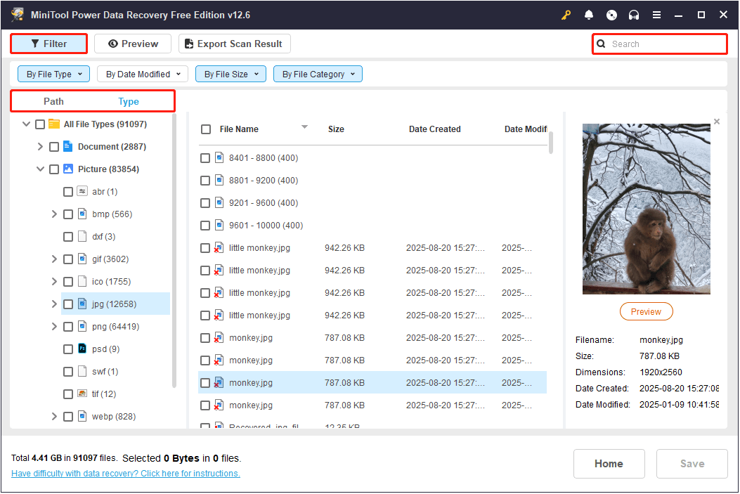Path, Type, Filter, and Search features in MiniTool Power Data Recovery