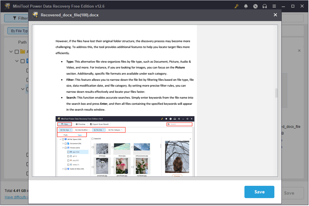 preview the Word document in MiniTool Power Data Recovery