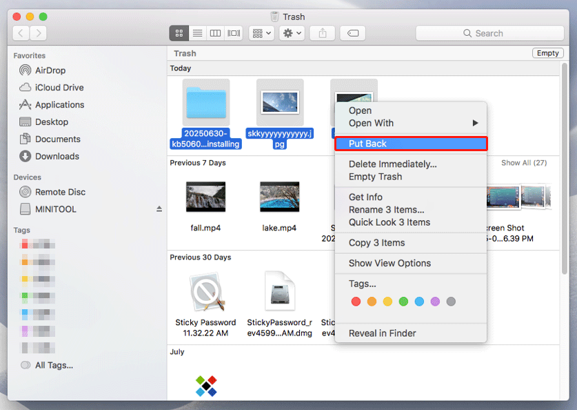 restore deleted files from Trash on Mac