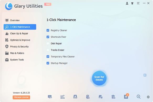 The interface of 1-click Maintenance in Glary Utilities