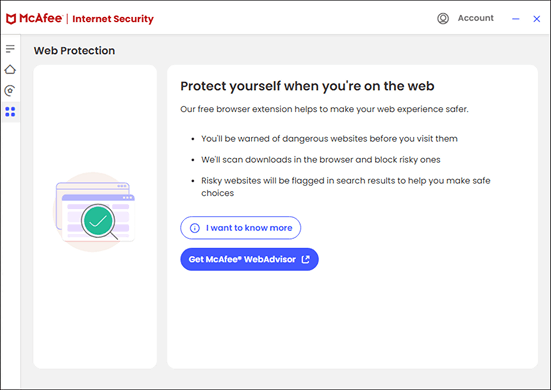 The interface of Web Protection in McAfee Internet Security