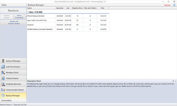 Revo Uninstaller Pro’s Backup Manager