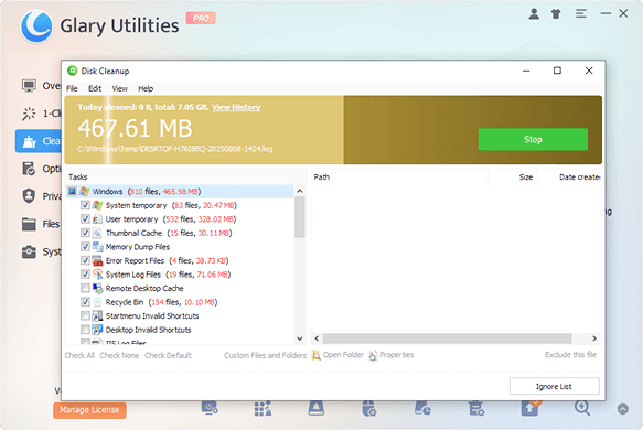 The interface of Disk Clean up in Glary Utilities