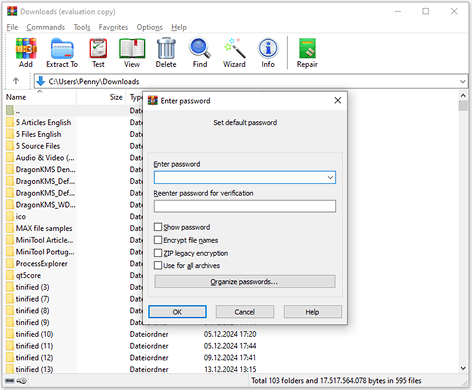 Set a password for an archive with WinRAR