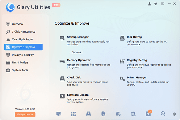 The interface of Optimize & Improve in Glary Utilities