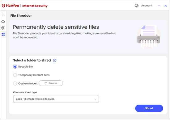 The interface of Web Protection File Shredder in McAfee Internet Security