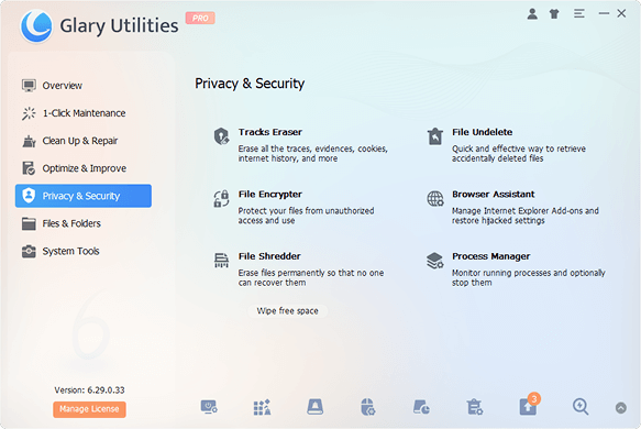 The interface of Privacy & Security in Glary Utilities