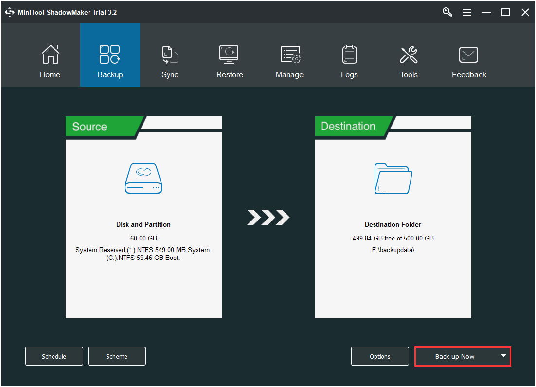 click Back up Now to back up the operating system