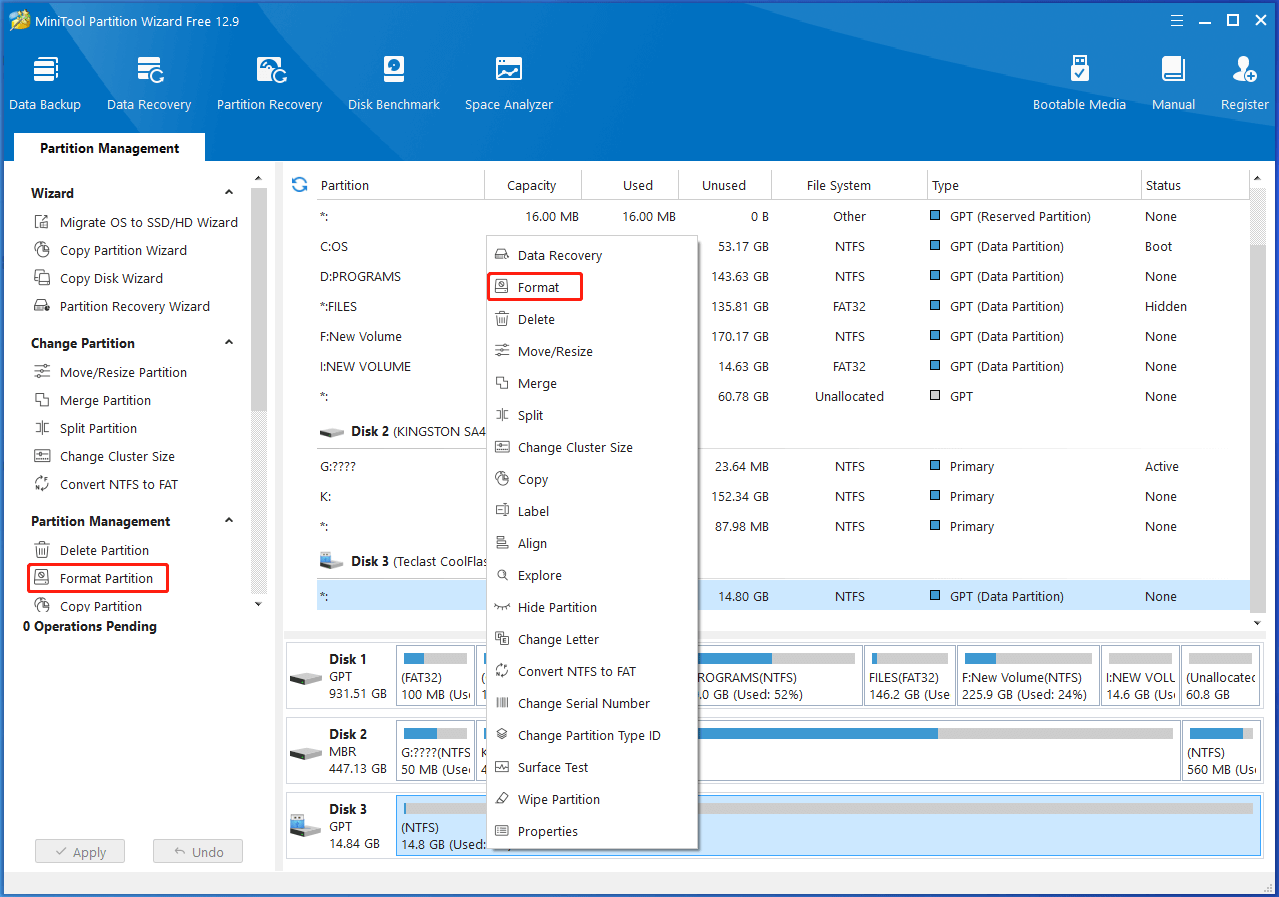 choose the target partition and click Format in Partition Magic