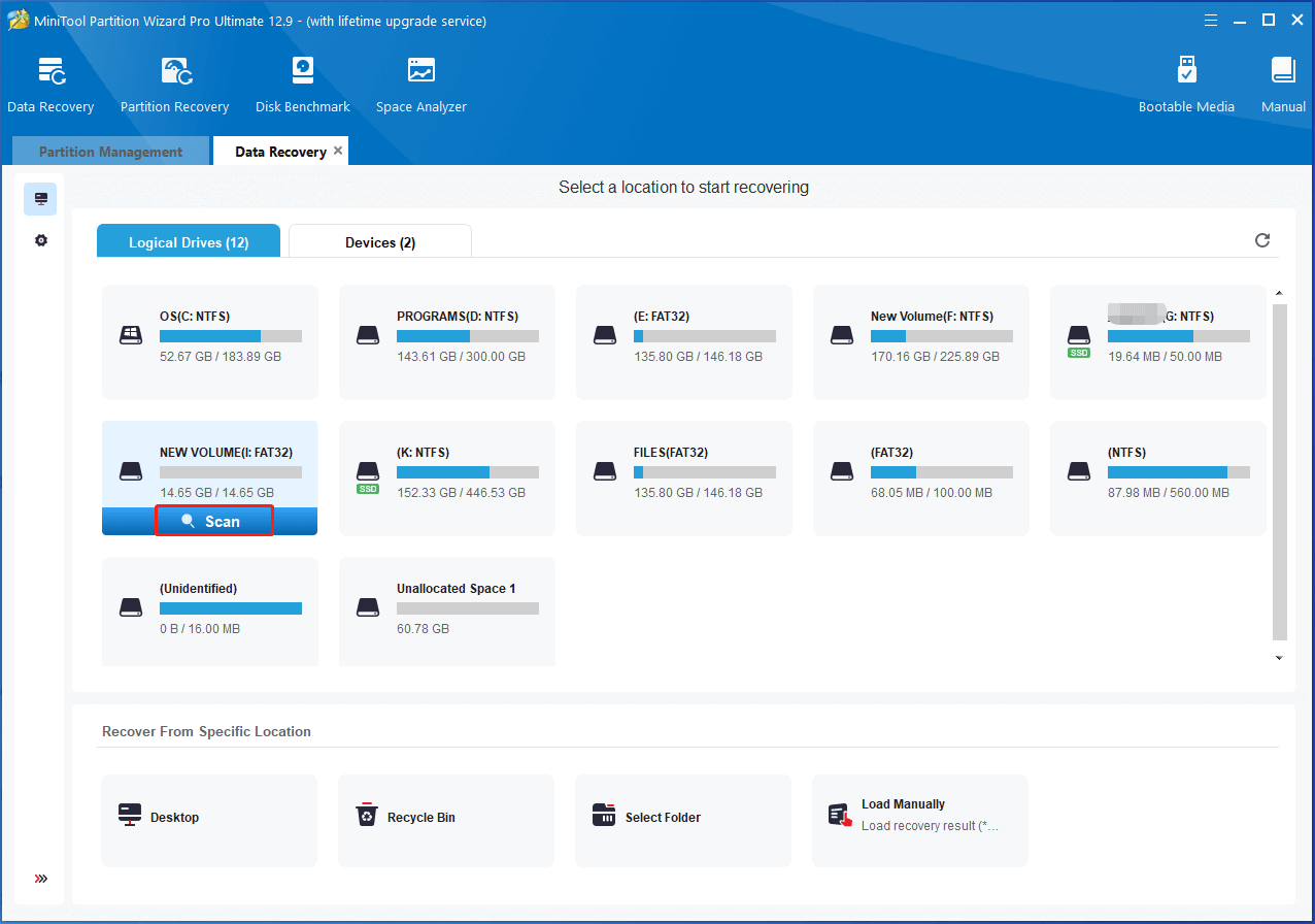 click the Scan button under the target partition in Data Recovery wizard of Partition Magic