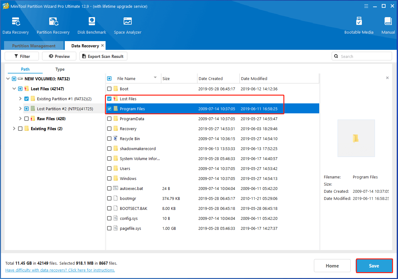 find and select the desired data and click Save in Partition Magic