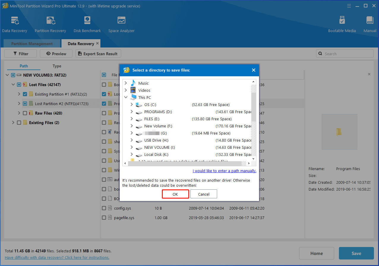select a directory for the recovered data and click OK in Partition Magic