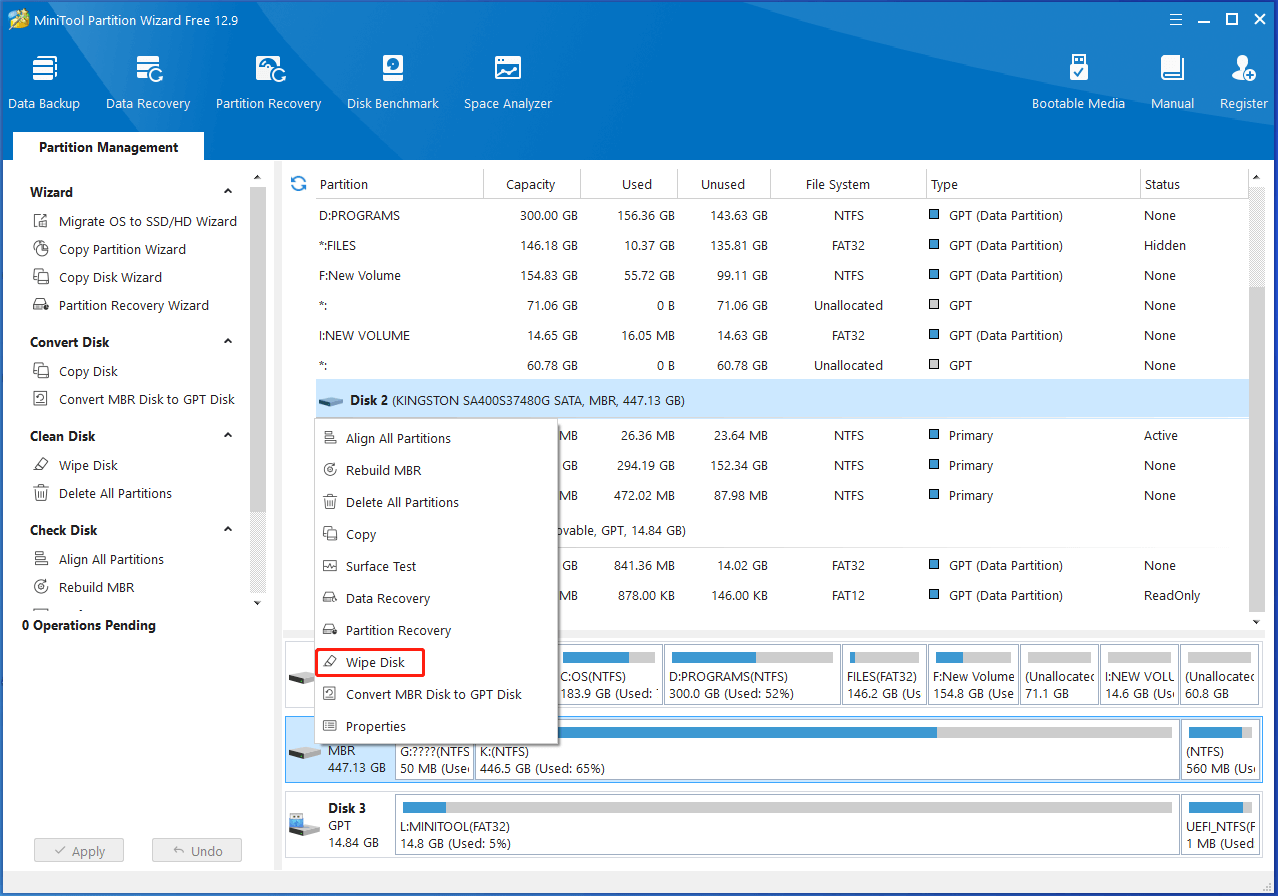 choose the target disk and access Wipe Disk feature in Partition Magic