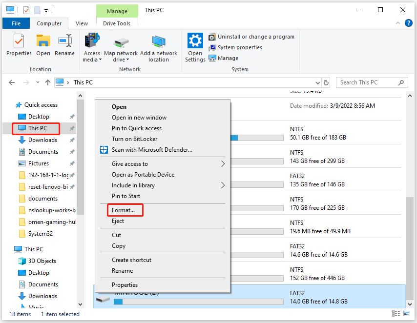 click on the Format option in File Explorer
