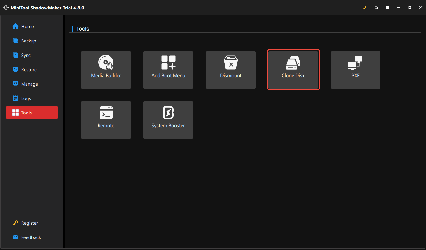 The MiniTool ShadowMaker interface with Clone Disk selected for disk cloning.