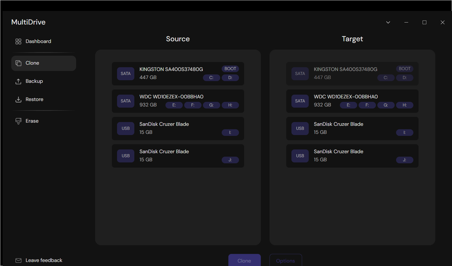 The Clone tab in MultiDrive for disk cloning.
