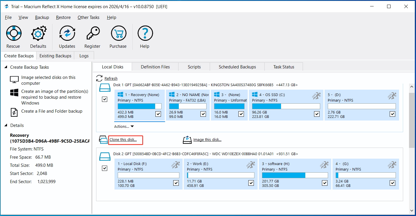 The interface of Macrium Reflect X Home with Clone this disk selected.