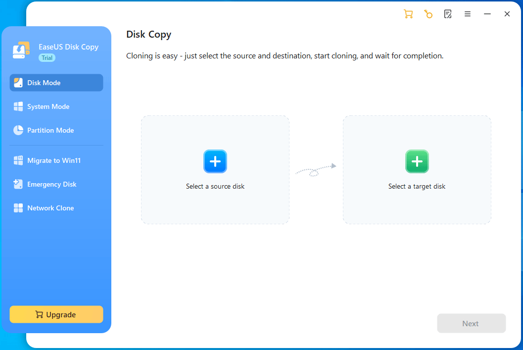 The main interface of EaseUS Disk Copy for disk cloning and system migration.