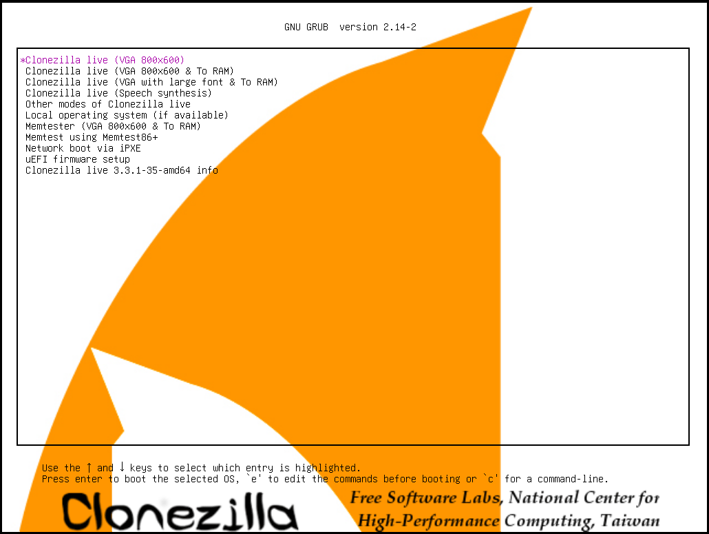 The Clonezilla main interface.