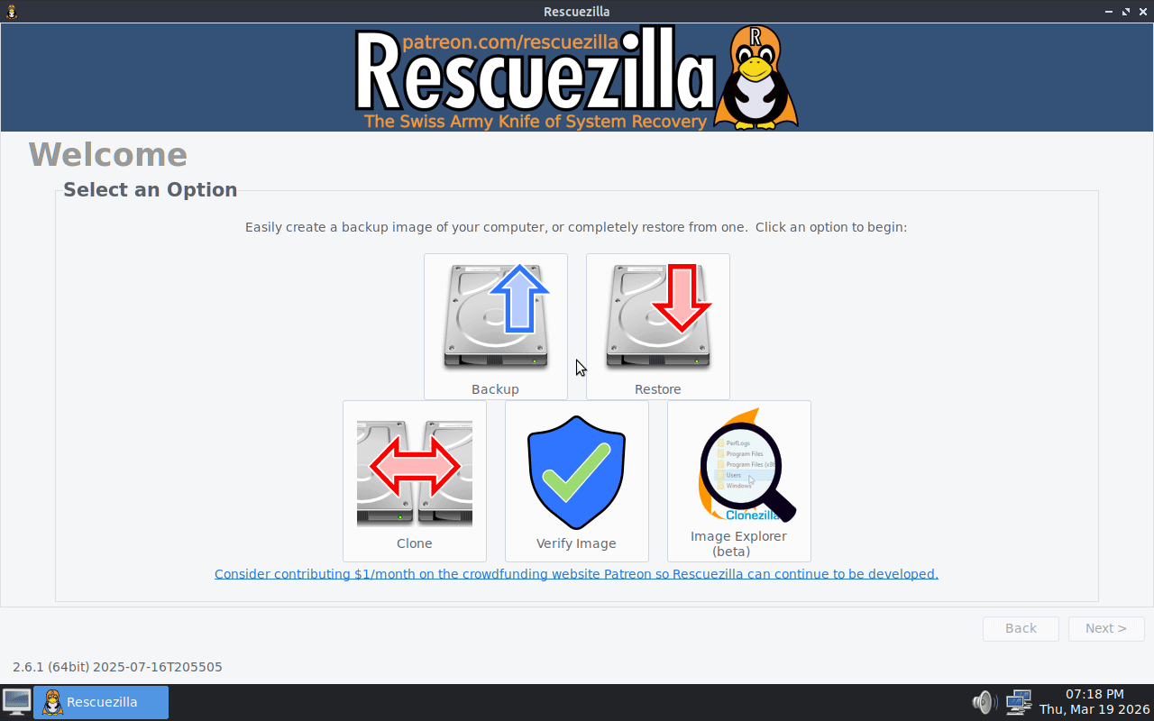The Rescuezilla main interface for disk cloning.