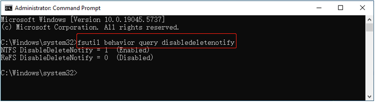 execute fsutil behavior query disabledeletenotify to check whether TRIM is enabled in Command Prompt