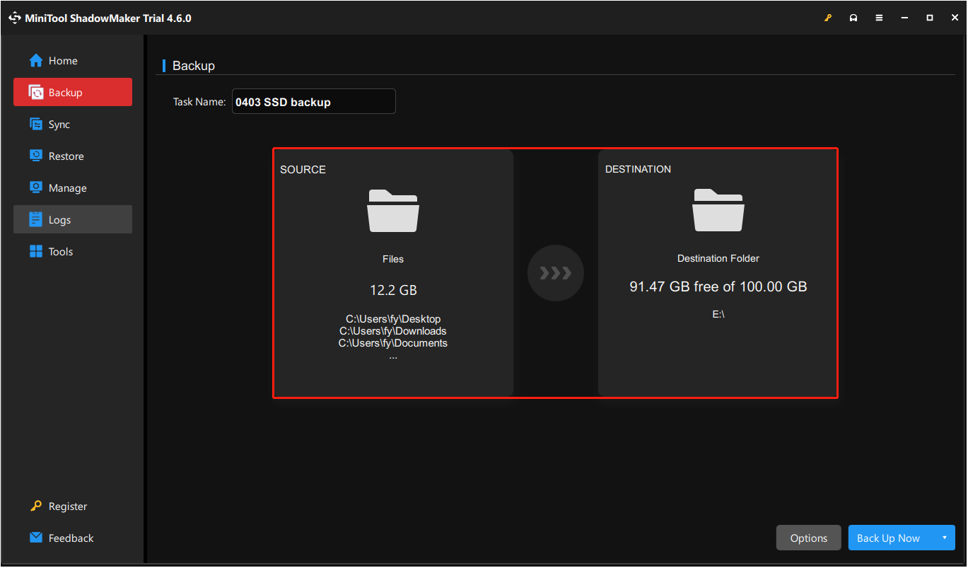 set up the backup source files and destination path in MiniTool ShadowMaker
