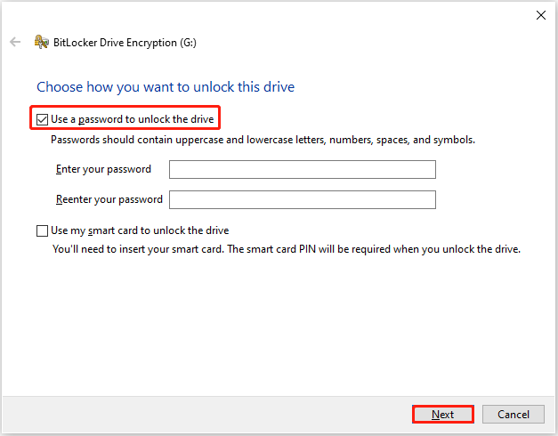 set a BitLocker password to encrypt the drive