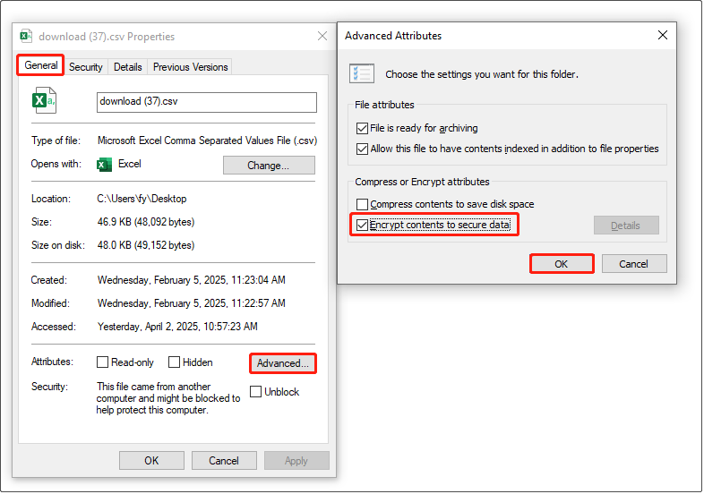 encrypt the file contents in file properties