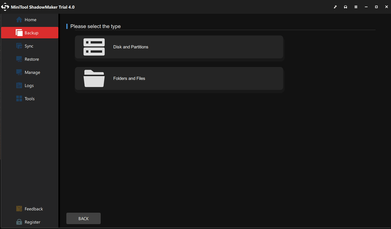 select backup source disk or file