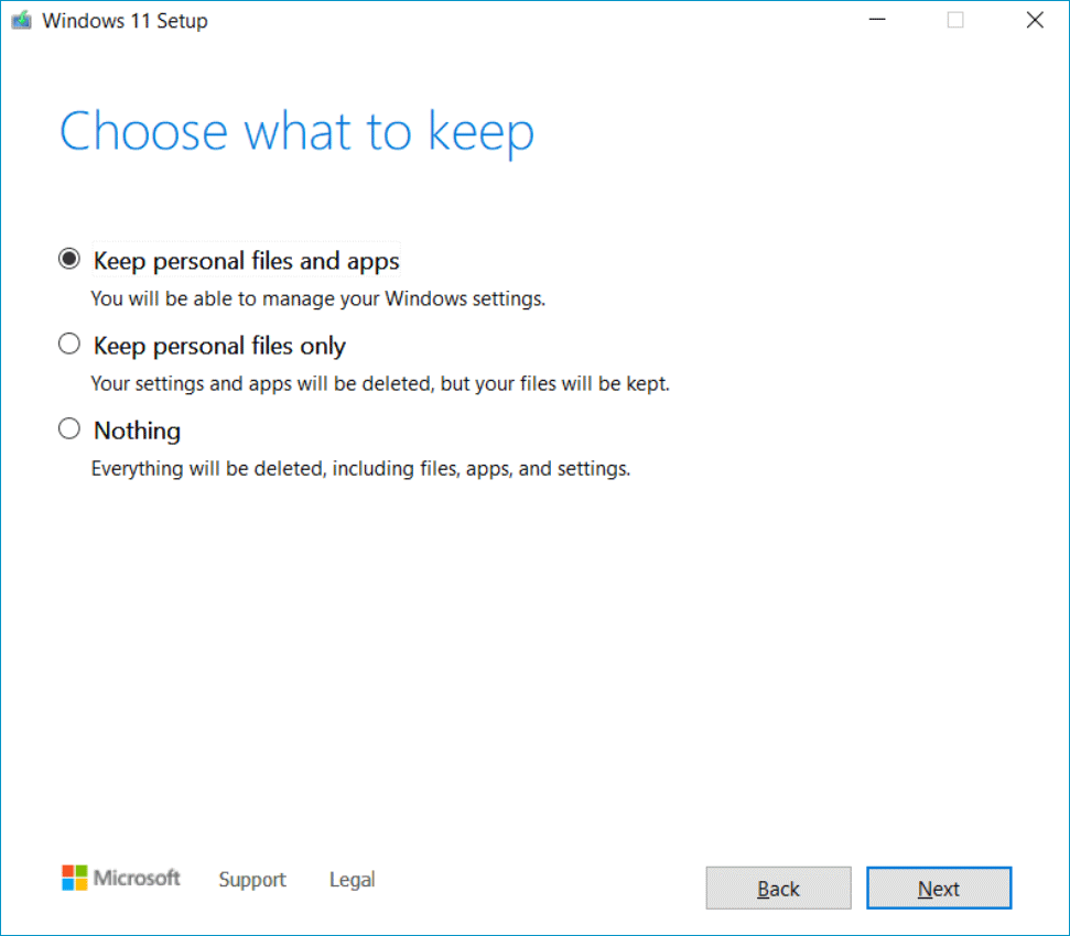 choose what to keep in Windows 11 Setup