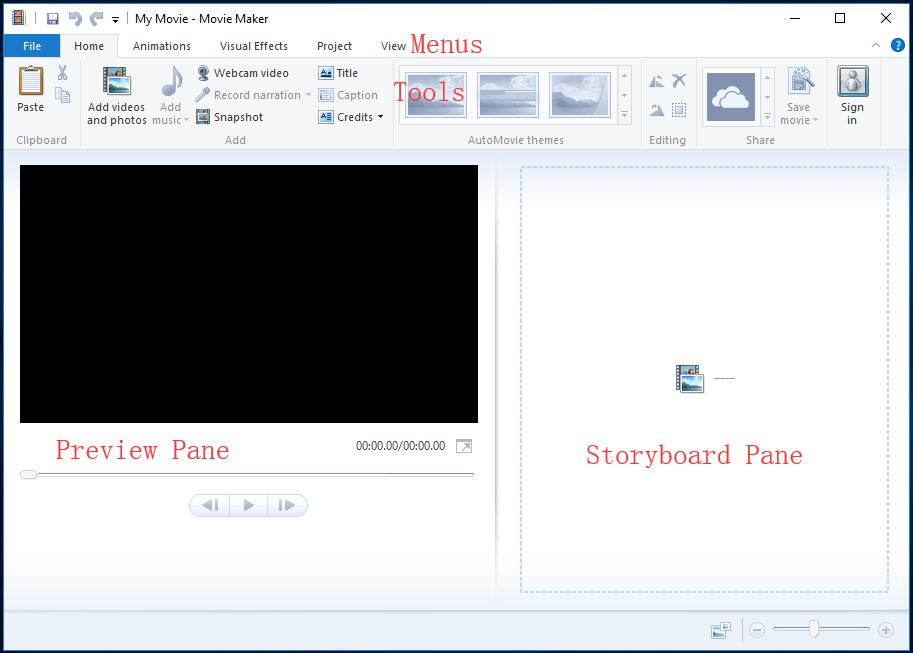 main interface of Windows Movie Maker