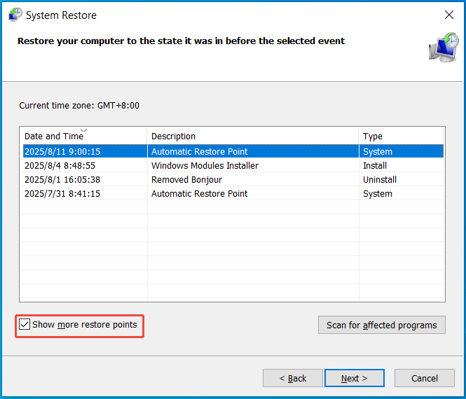 view restore points Windows 10