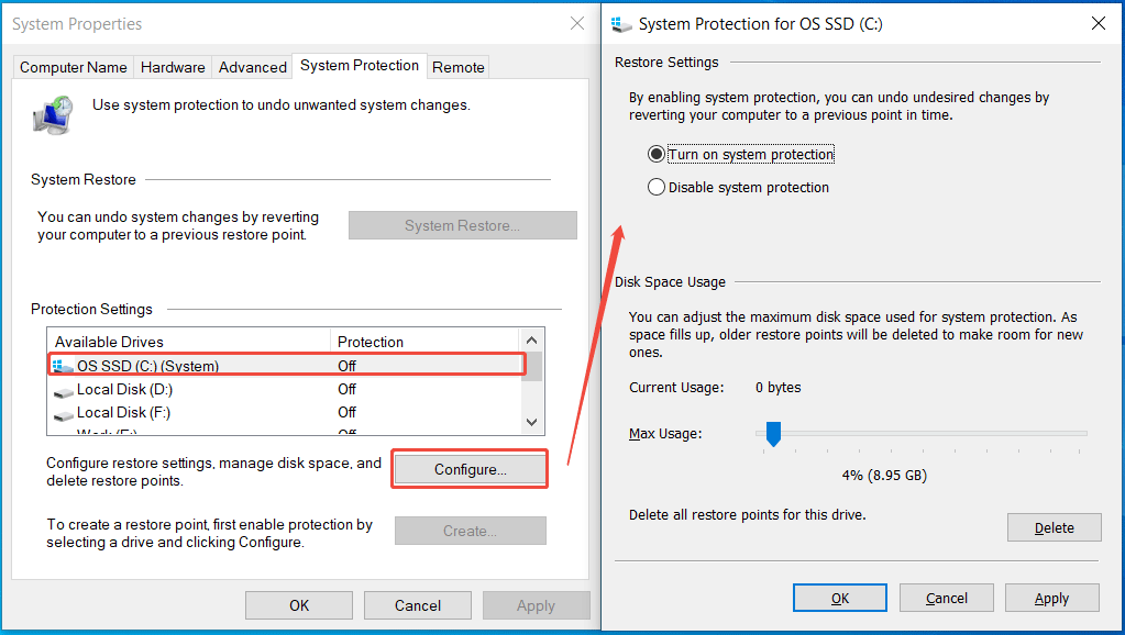 turn on system protection for C drive