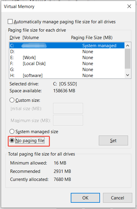 no paging file for C drive