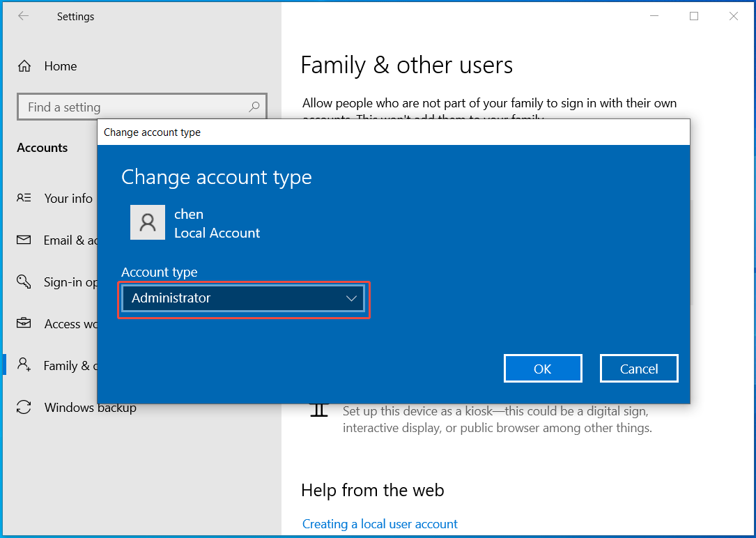The Change account type window to select Administrator as the type.