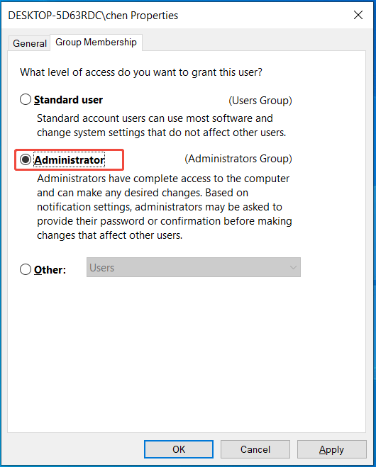 The User Accounts interface to choose Administrator under Group Membership.