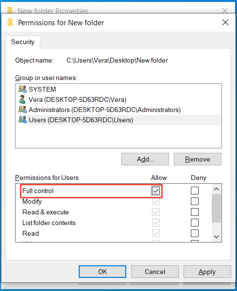 The Permissions window of a folder with selected Full control.