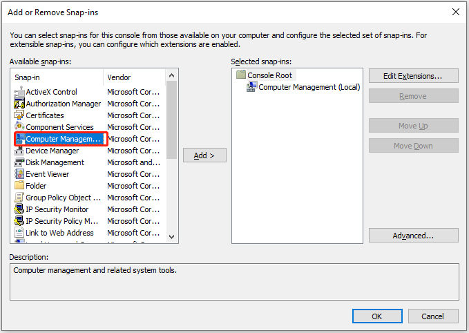 choose Computer Management in the Available snap-ins table