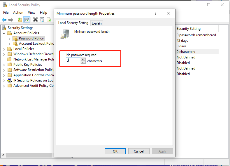 set Minimum password length to 0