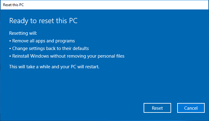 click Reset to continue